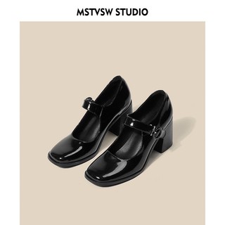 Giày Mary Jane mõm vuông cao gót phong cách Anh cổ điển