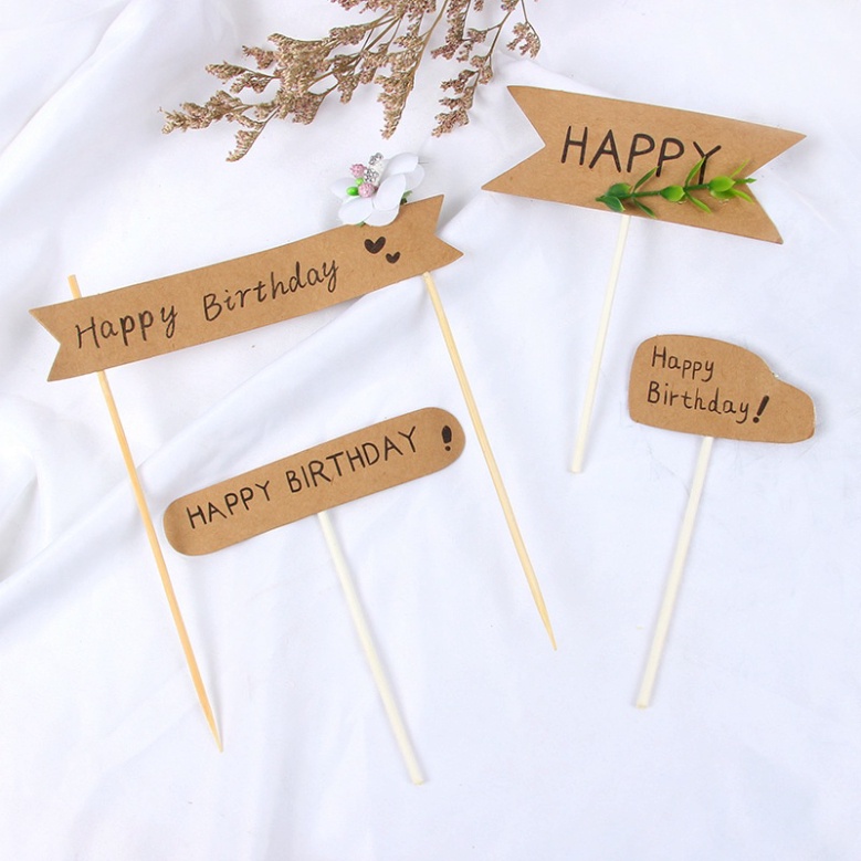 Phụ Kiện Bánh Sinh Nhật  Thẻ cắm bảng happy birthday gắn hoa