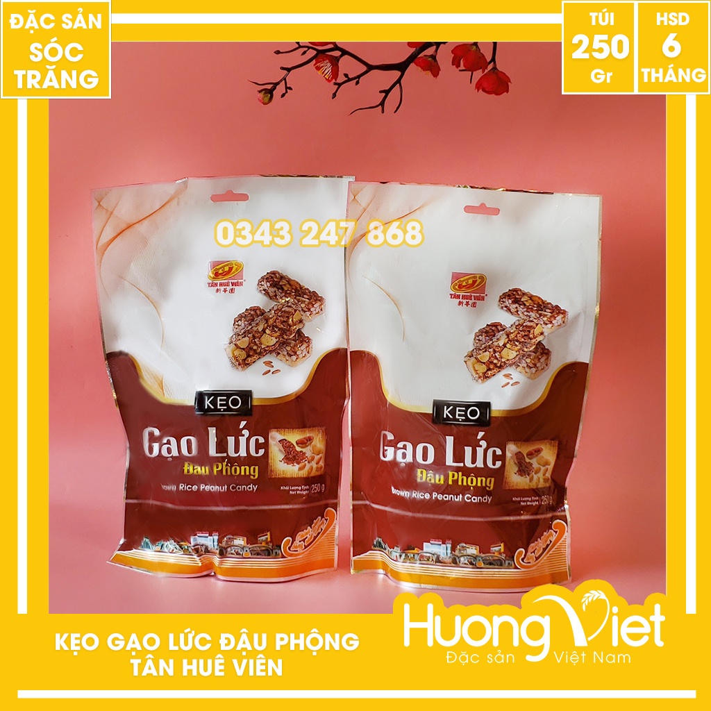 Combo 5 gói kẹo gạo lứt đậu phộng Tân Huê Viên 250gr, kẹo giòn xốp ít ngọt, đồ ăn vặt Việt Nam