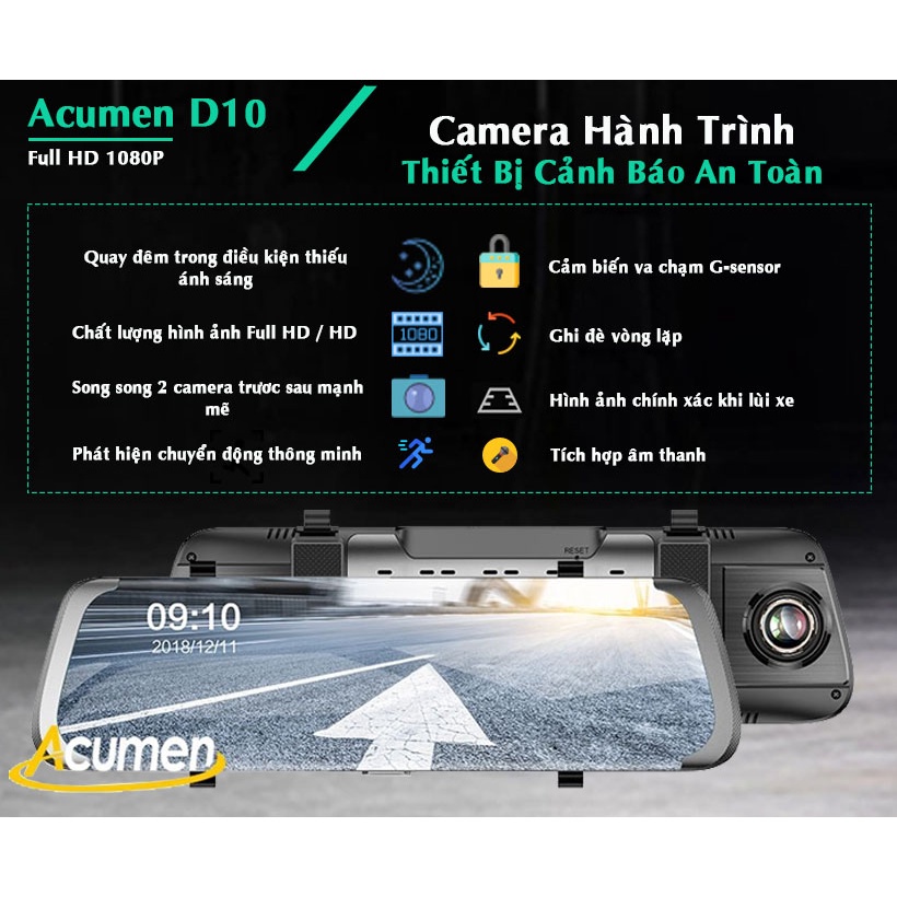 Camera hành trình gắn gương D10, cảnh báo va chạm, màn hình full HD