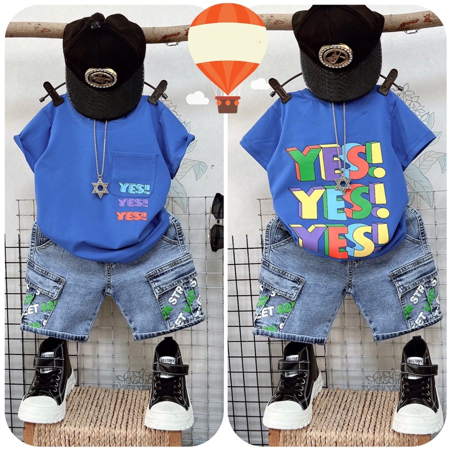 Quần áo bé trai, bộ jean túi hộp chữ Yess cool ngầu cho bé trai từ 10 đến 55 kg