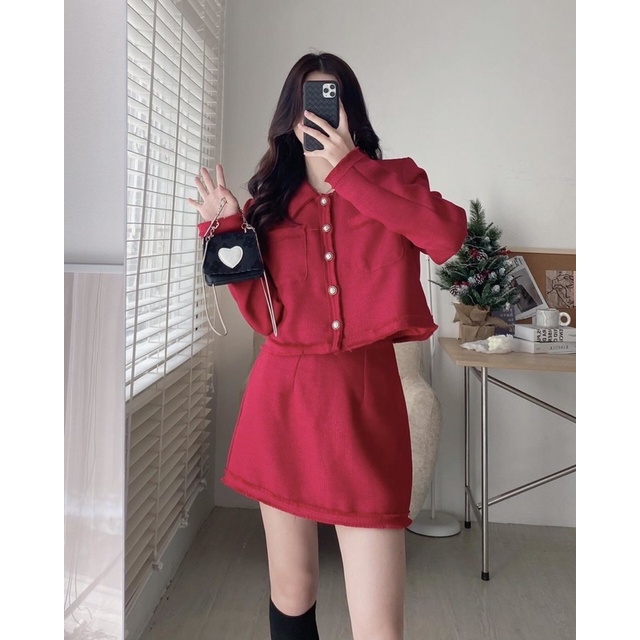 SET ÁO KHOÁC DẠ TWEED CÚC NGỌC KÈM CHÂN VÁY CHỮ A SAKDTC