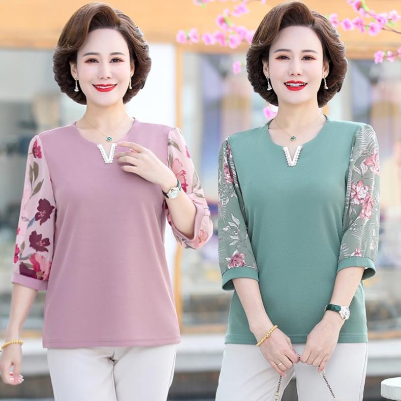 Áo kiểu trung niên nữ đẹp, áo thung trung niên nữ tay phối hoa cổ V, chất liệu thun da cá co giãn thoáng mát
