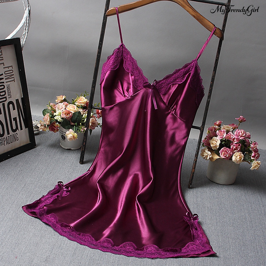 Đầm Ngủ Satin Hai Dây Phối Ren Màu Sắc Đơn Giản Cho Nữ