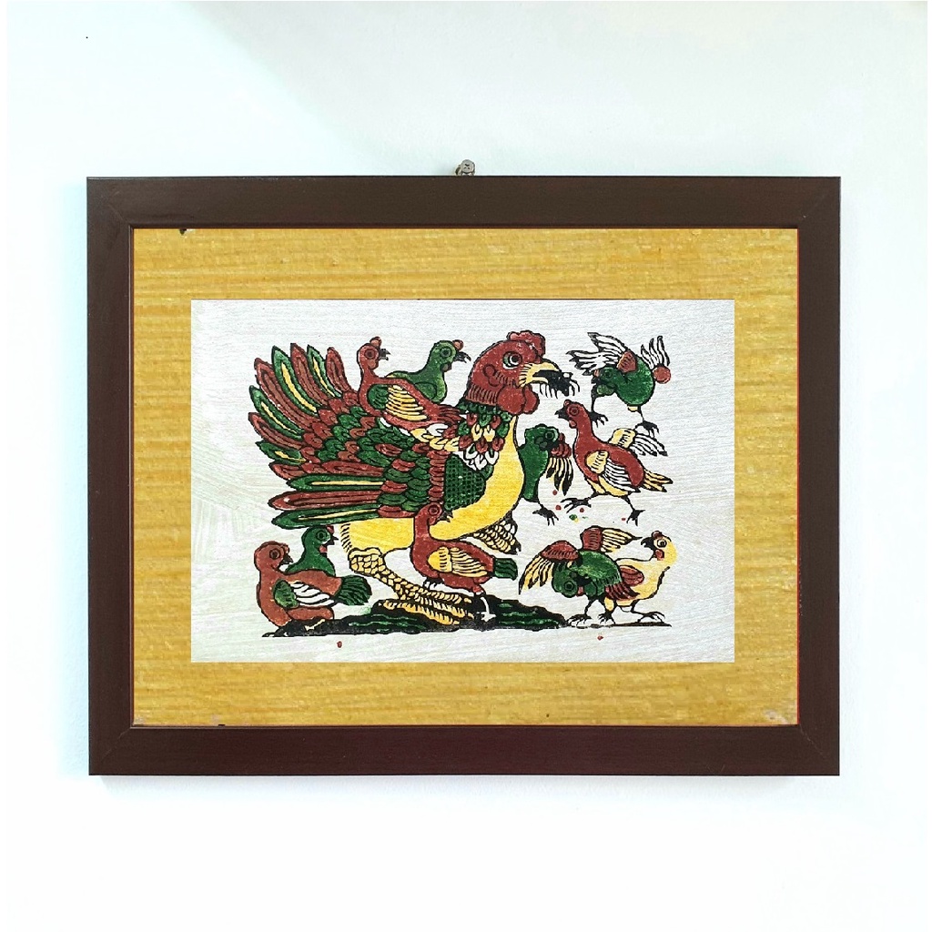 Tranh Đông Hồ Đàn gà mẹ con (Gà đàn) khung kính mica 30x40 - chỉ giao hoả tốc Hà Nội