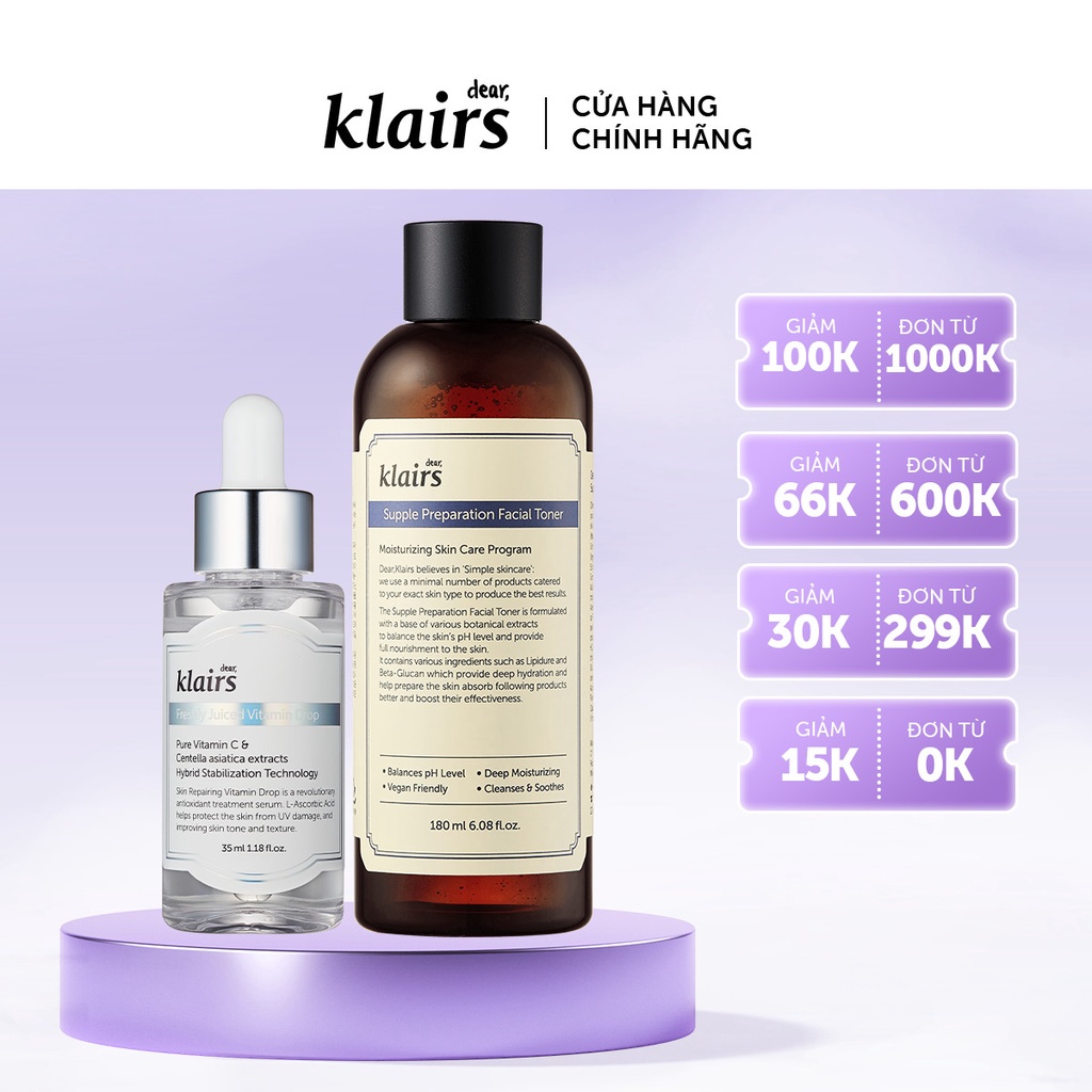 Combo Dear, Klairs Nước hoa hồng Supple Preparation Facial Toner 180ml+Tinh chất Freshly Juiced Vitamin Drop 35ml