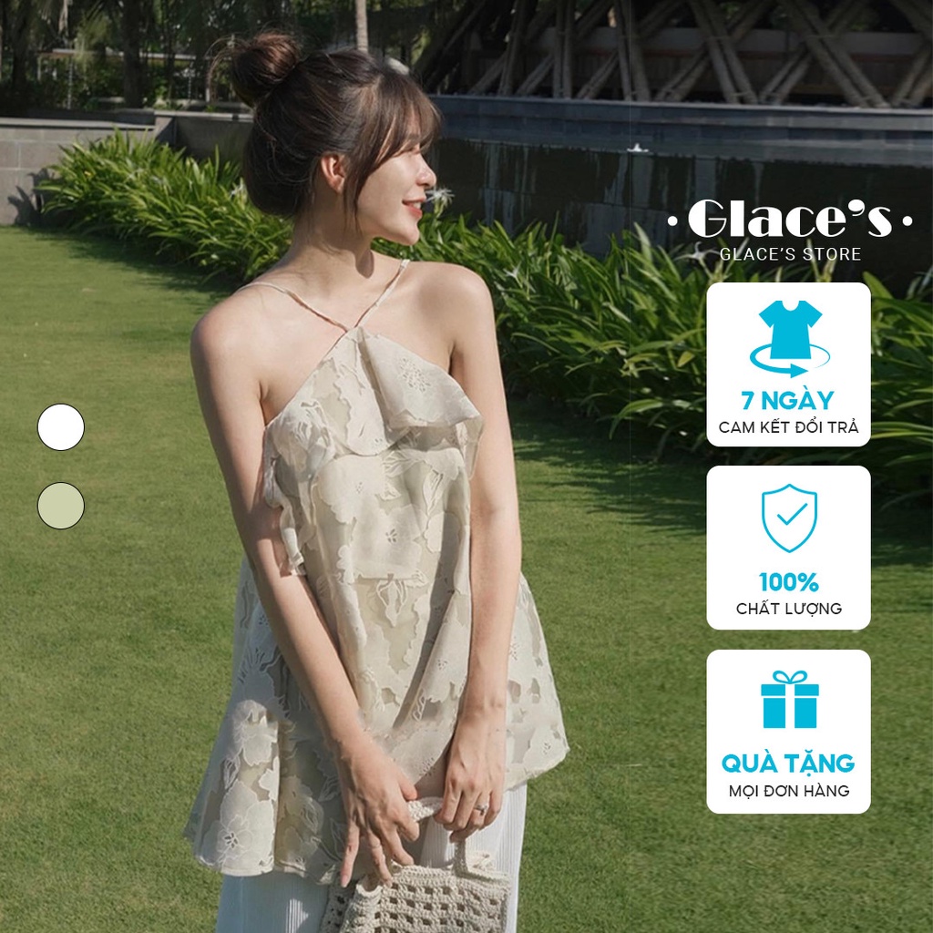 Áo hai dây cổ yếm GLACE nữ thiết kế phối bèo ngực, chất ren hoa chìm hai lớp dày dặn, phong cách tiểu thư
