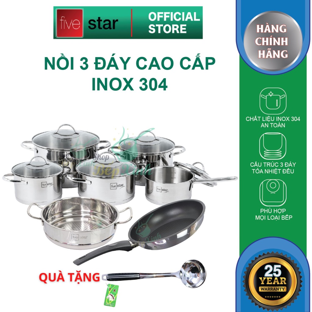 Combo bộ nồi inox 304 và xửng chảo chống dính 3 đáy cao cấp FIVESTAR 7 món nắp kính , tặng 1 vá canh inox