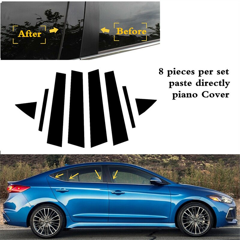 Bộ 8 Miếng Dán Trang Trí Cửa Sổ Xe Hơi Hyundai Elantra Sedan 2017 2020 Màu Đen Bóng