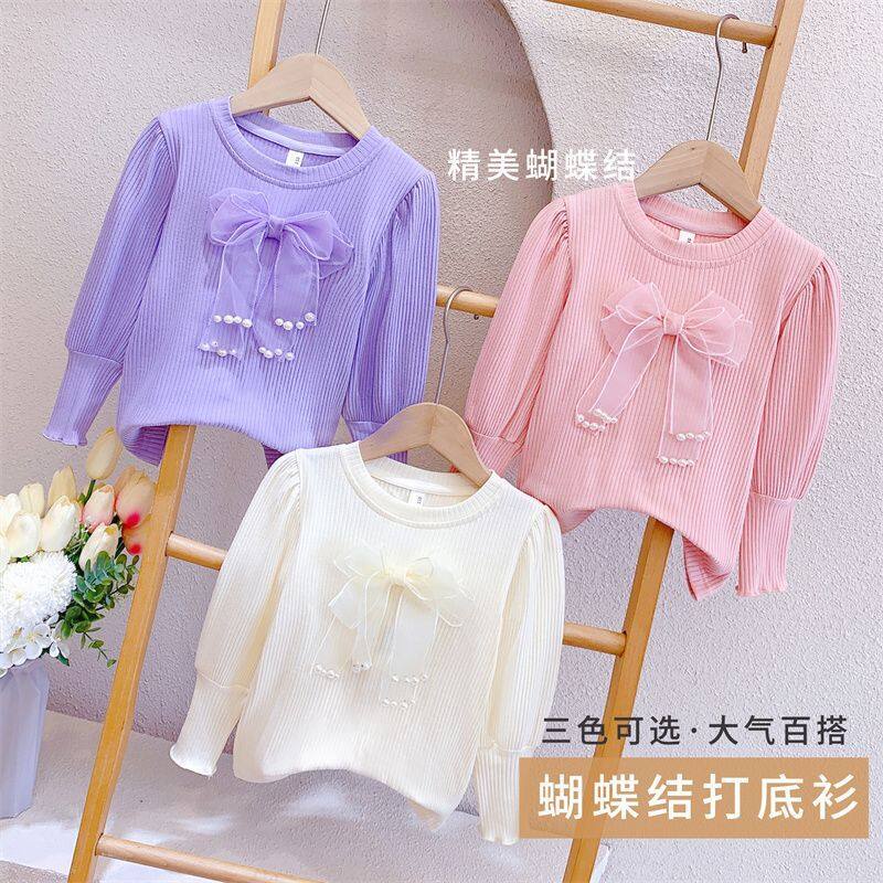 Áo Thun Tay Dài Dệt Kim Màu Trơn Đính Nơ Thời Trang Xuân Thu Xinh Xắn Cho Bé Gái 3-7 Tuổi