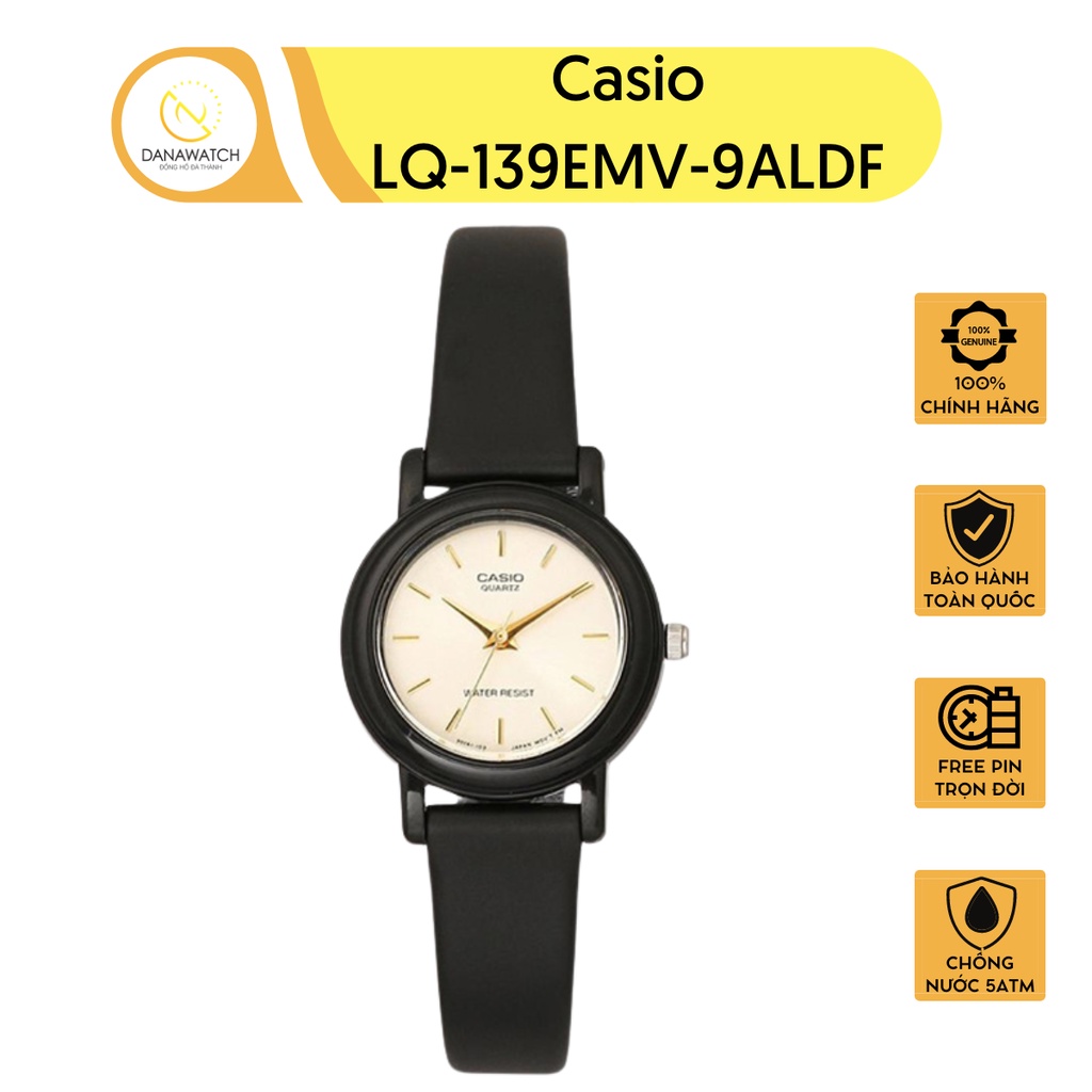 Đồng hồ nữ Casio LQ-139EMV-9ALDF chống nước dây nhựa đen nền mặt mạ vàng nữ tính