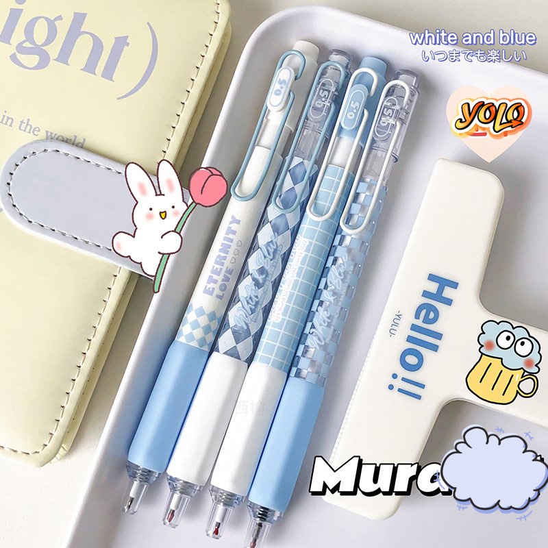 Bút Gel Bấm Mura White Blue M8152 Vỏ Xanh Thiết Kế Đơn Giản Mực Đen, Ngòi 0.5mm