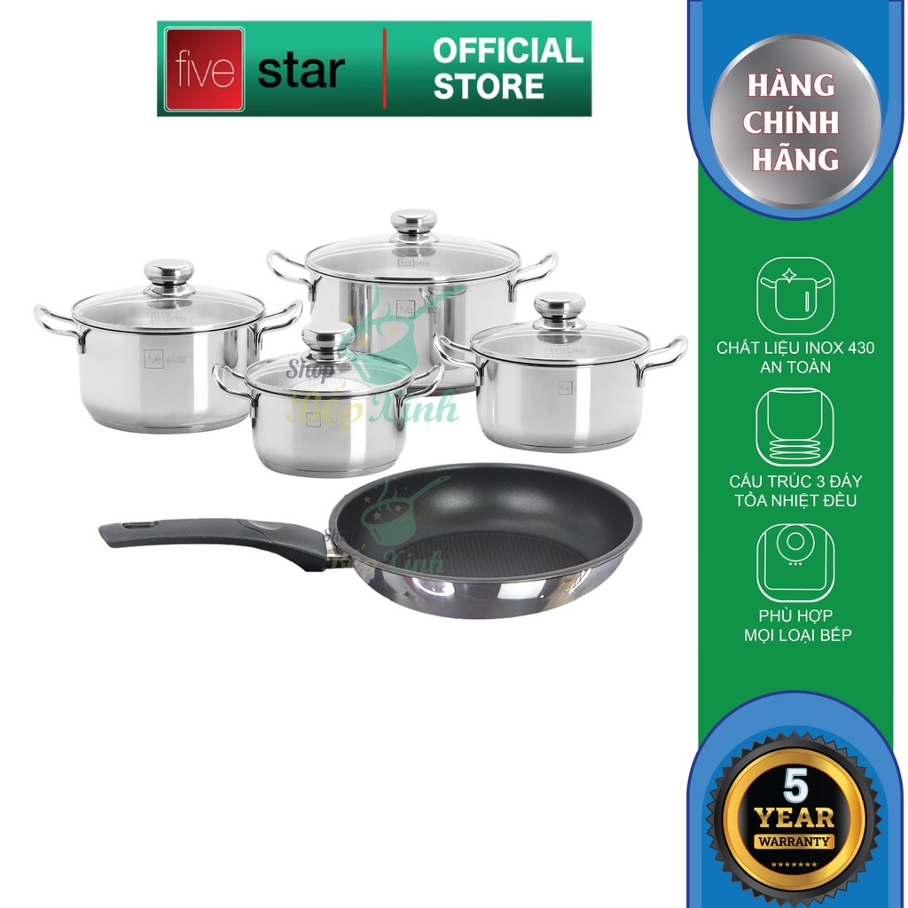 Bộ nồi chảo inox Fivestar 5 chiếc nắp kính 3 đáy, dày 0.8mm ,dùng được bếp từ, hồng ngoại , gas