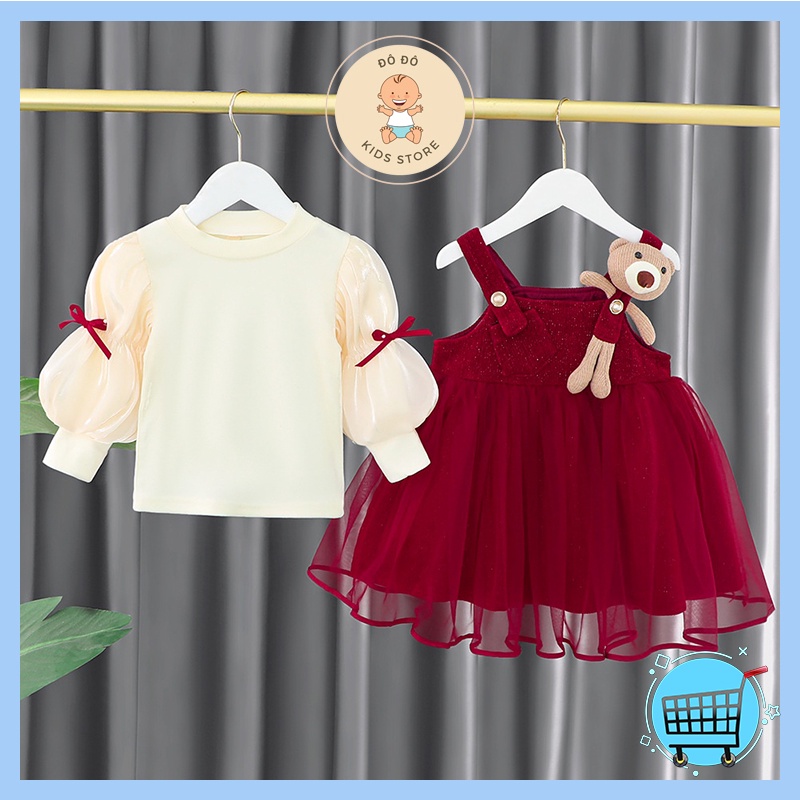 Váy Đàm bé gái,Váy Đầm 2 chi tiết kèm gấu cho bé model 2022 | Đô Đô Kids Store