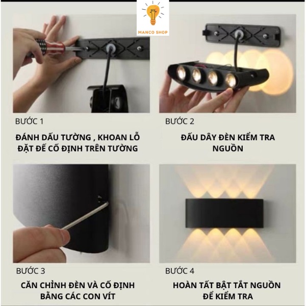 Đèn hắt tường 2 đầu trang trí gắn treo tường cầu thang ban công 2 4 6 8 10 tia kháng nước ip 65 Manco | BigBuy360 - bigbuy360.vn
