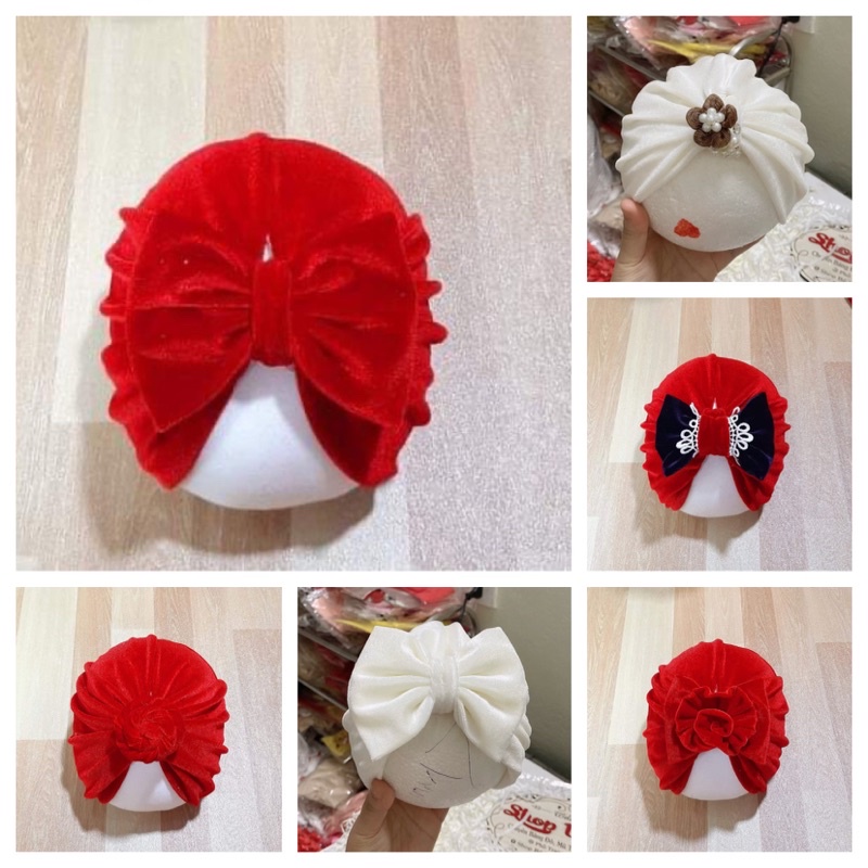 Nón turban cho bé vải nhung màu đỏ, mũ cho bé vải nhung - 7 kiểu