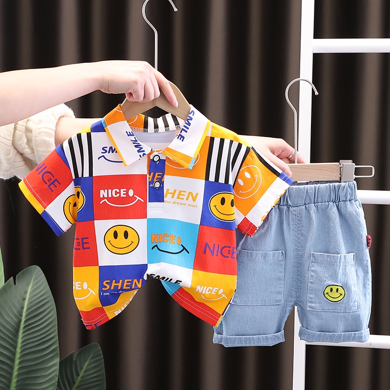 Set Đồ Mùa Hè 2 Món Gồm Áo Sơ Mi Tay Cộc Kẻ Sọc Caro + Quần Ngắn Thời Trang Cho Bé Trai