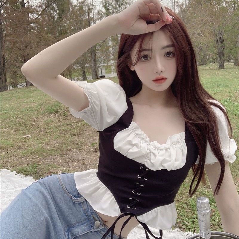 Áo kiểu XINLANYASHE cổ vuông phối màu sắc tương phản thời trang quyến rũ cho nữ