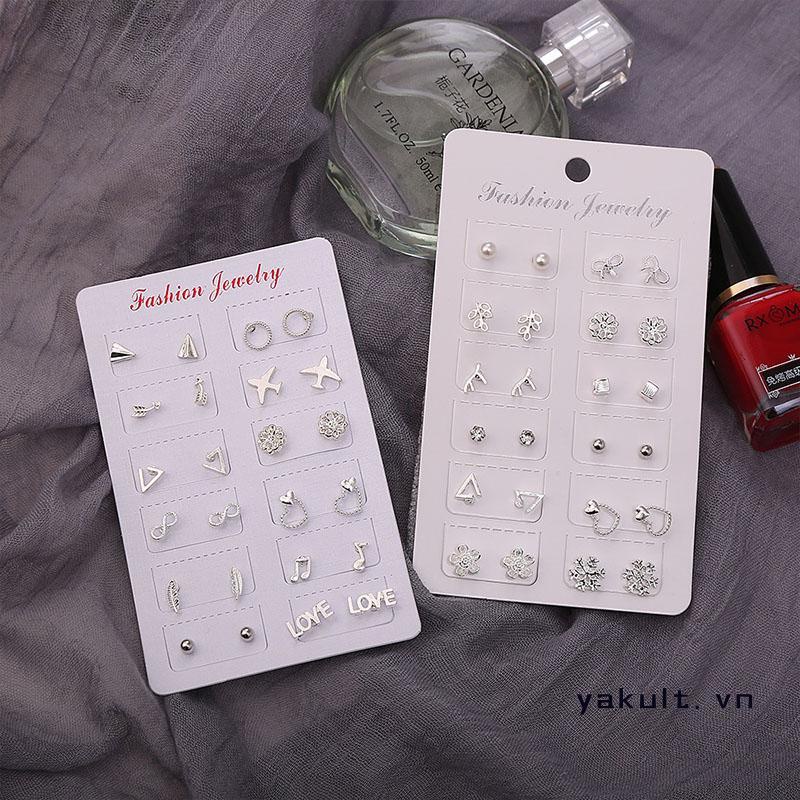 yakult Bộ 12 Đôi Bông Tai Bạc Thiết Kế Đơn Giản Thời Trang