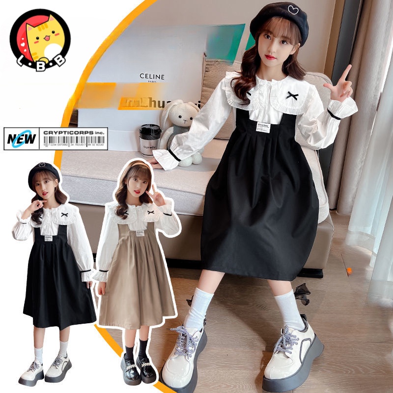 Bộ Áo Tay Dài Cổ Lá Sen + Váy Yếm Phong Cách Hàn Quốc Thời Trang Xuân Thu Cho Bé Gái 3-5 - 8-10 - 12 Tuổi