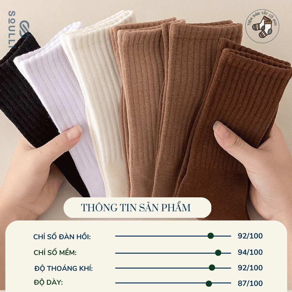 Tất trơn cổ cao nam nữ, vớ nam nữ đơn giản phong cách basic Vintage Hàn Quốc SOULLI TC-300, ôm chân, thấm hút mồ hôi