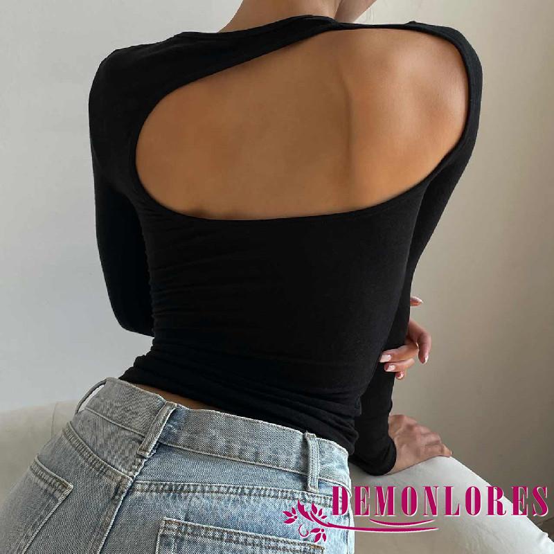 Áo Thun Tay Dài Cổ Tròn Hở Lưng Y2K Màu Trơn Hợp Thời Trang Dành Cho Nữ