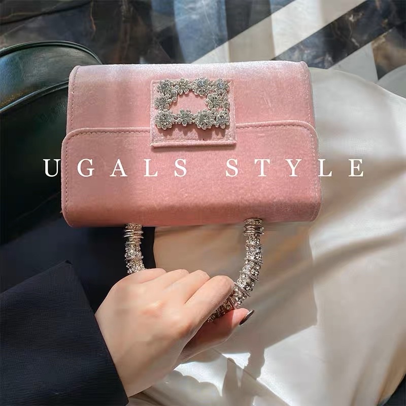 🌼ORDER 🌼Túi xách nhung mini size đá vuông quai cầm kim loại bạc