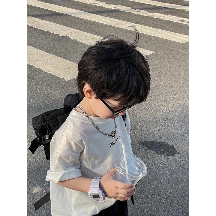 Áo thun ngắn tay cotton chữ AGUST.16 cá tính cho bé