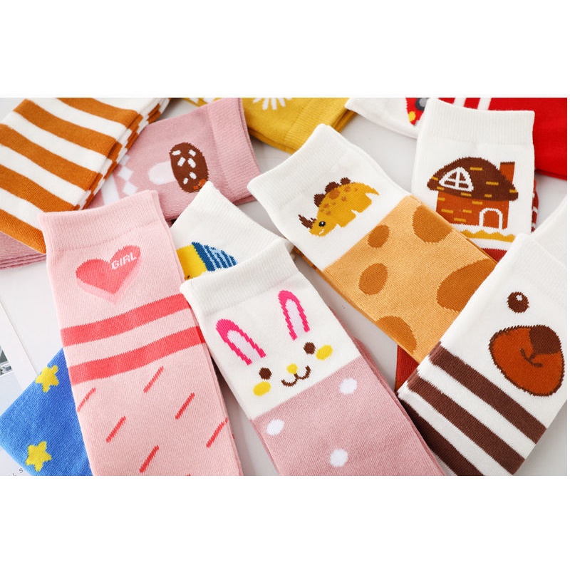 Set 2 / 3 / 4 Đôi Tất Cotton Qua Gối Họa Tiết Hoạt Hình Cho Bé