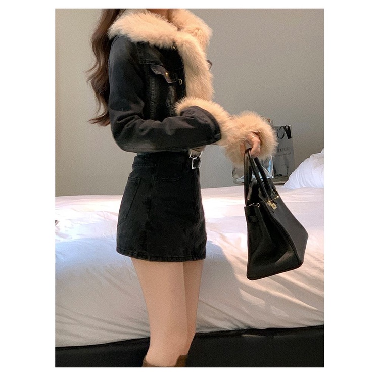 Áo Khoác Denim Ngắn Dáng Ôm Phối Lông Thời Trang Mùa Đông Hàn Quốc 2022