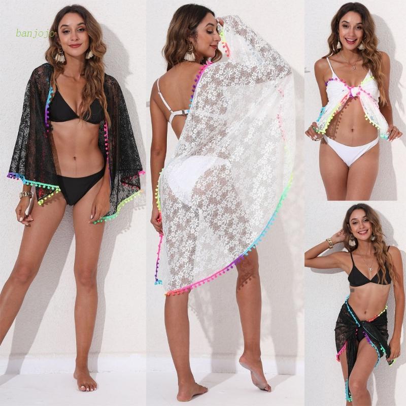 Banjojo Áo Choàng Ngắn Sarong Phối Ren Tua Rua Bên Hông Mặc Bikini Đi Biển Cho Nữ Swi