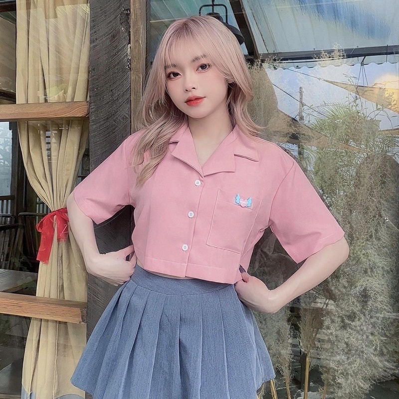 UPZ Áo Sơmi Tay Ngắn Croptop Nữ Cổ Danton Mạc Trái Tim (3 Màu)