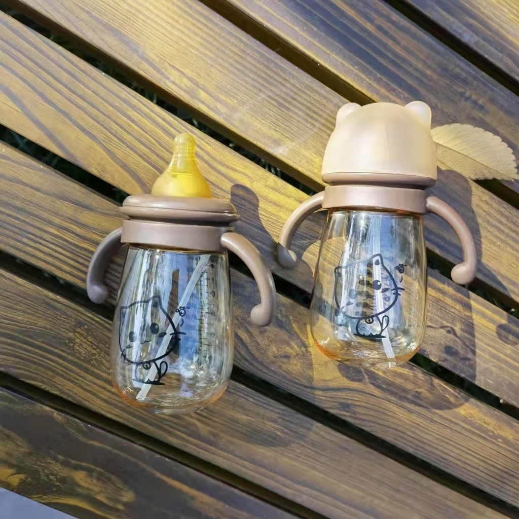 Bình sữa hình MÈO cổ rộng 240/300ml kèm tay cầm van chống sặc cho bé