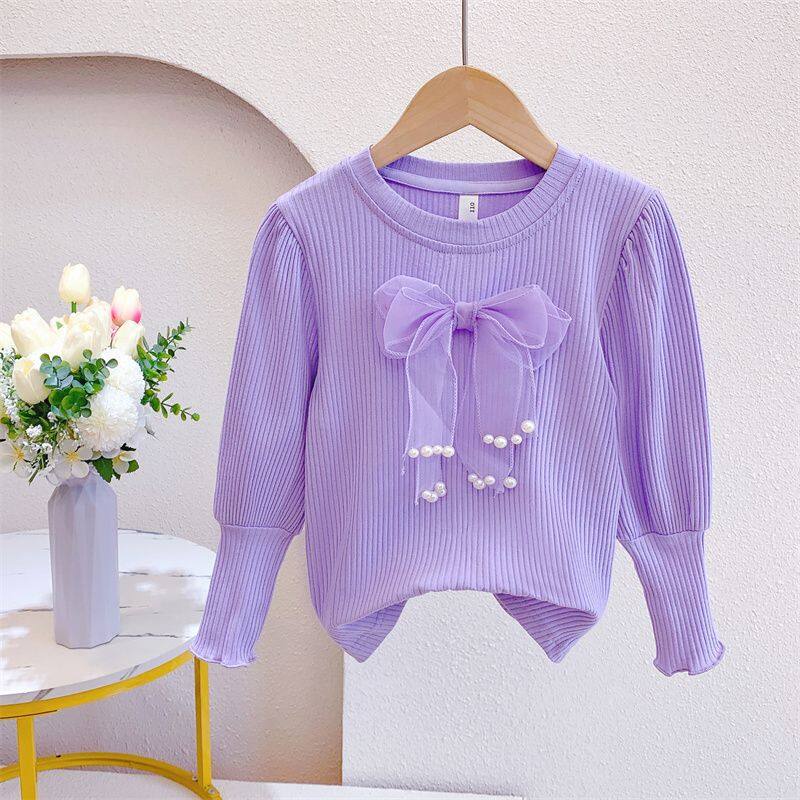 Áo Thun Tay Dài Dệt Kim Màu Trơn Đính Nơ Thời Trang Xuân Thu Xinh Xắn Cho Bé Gái 3-7 Tuổi