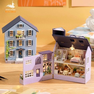  Nhà búp bê Mini diy tự làm Tặng KEO DÁN.  Mô hình Nhà Gỗ 3d Có đèn led và nội thất D031- D032 