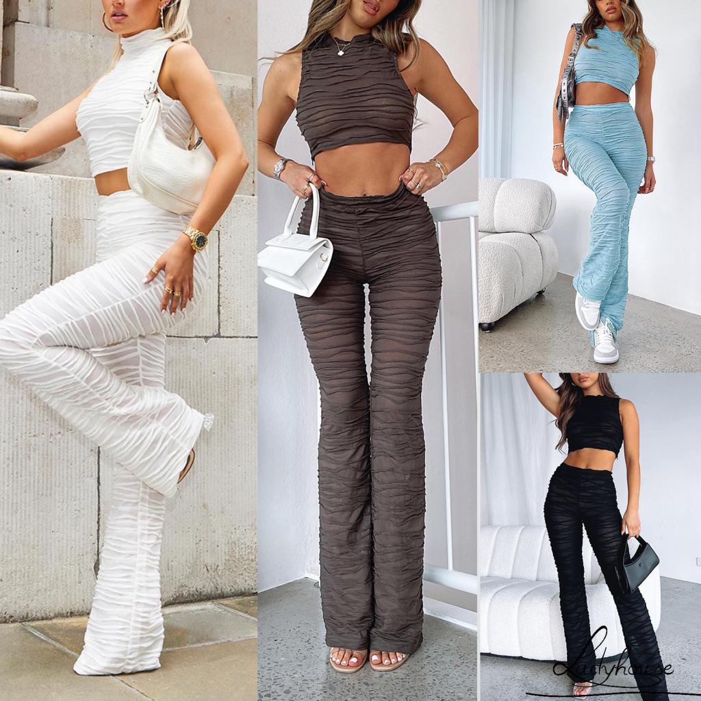 Set Áo Cổ Cao Không Tay + Quần Dài Lưng Cao Thời Trang Mùa Hè Cho Nữ