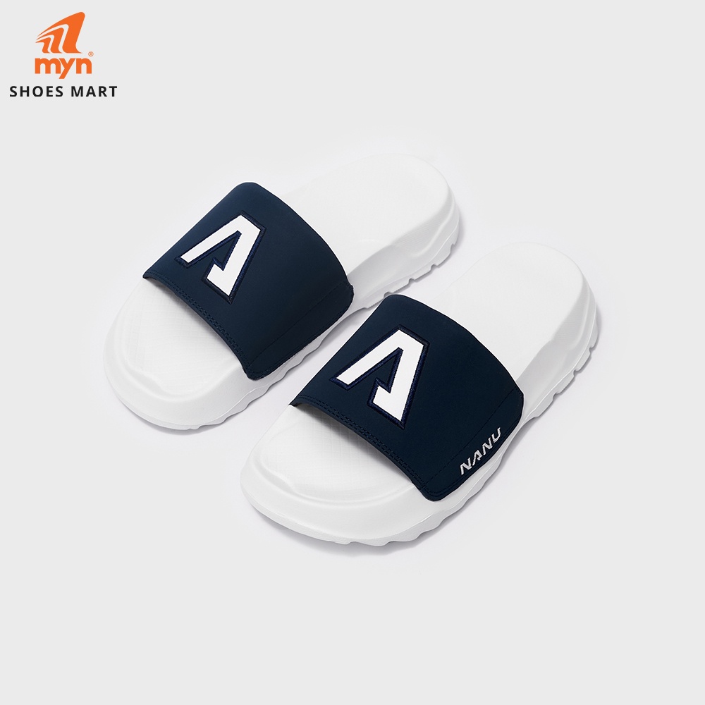 Dép Nanu N03 Navy white logo chữ A thêu viền, quai da lộn 2 lớp, đế chunky 4cm