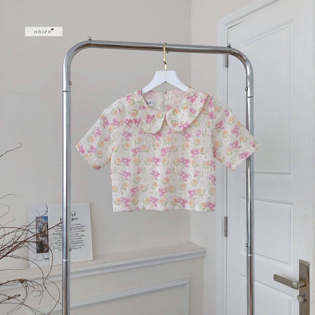 Áo sơ mi cổ sen - áo kiểu nữ xô hoa croptop xẻ tà sau nhiennhienvintage BA231