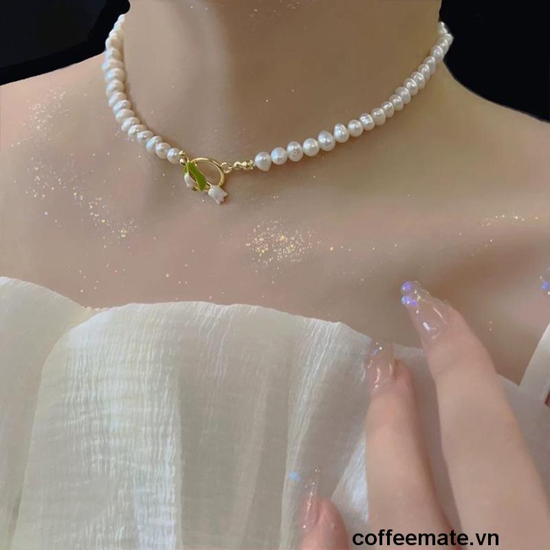 【coffeemate】⚡ Vòng cổ Hình Hoa Tulip Đính Ngọc Trai Nhân Tạo Thời Trang