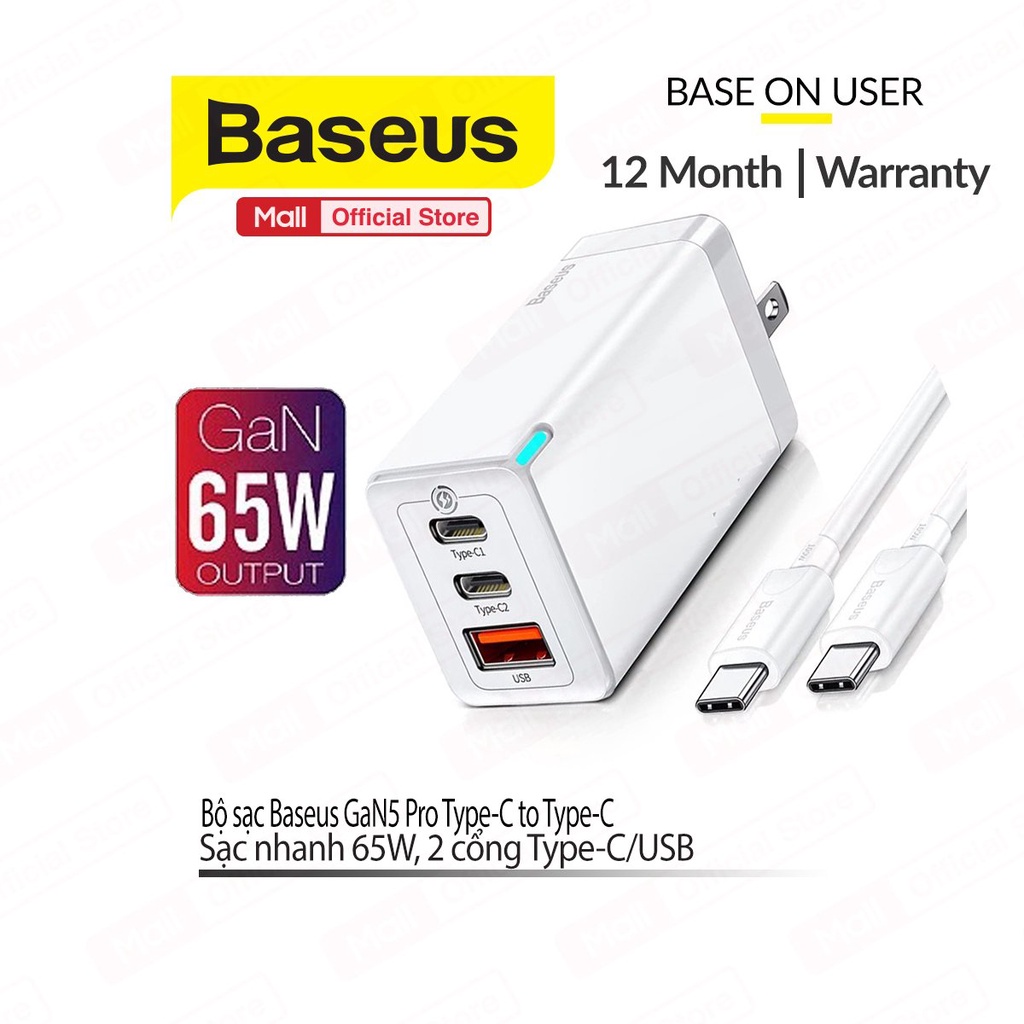 Bộ Sạc Nhanh kèm Cáp C to C Baseus GaN5 Pro Quick Charger 65W( Type Cx2 + USB , PD3.0/ PPS/ QC4.0/ SCP/ FCP )