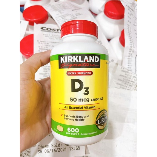 Viên Uống Vitamin D3 Tăng Cường Đề Kháng, Hỗ Trợ Xương Khớp Extra Strength 50mcg 2000IU Kirkland Signature (600 Viên/Lọ)