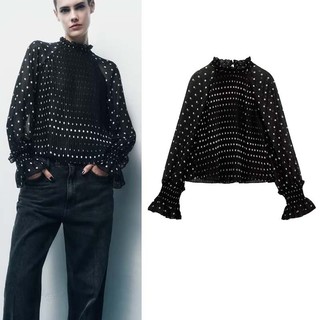 Zara áo sơ mi cổ đứng in chấm bi thời trang mùa thu cho nữ 3666215