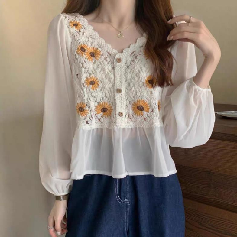 Áo Sơ Mi Tay Dài Phồng Thêu Hoa Phong Cách Pháp Ngọt Ngào Cho Nữ