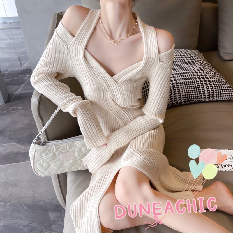 DUNEA Đầm Dệt Kim Dáng Dài Cổ Chữ V Hở Vai Quyến Rũ Cho Nữ