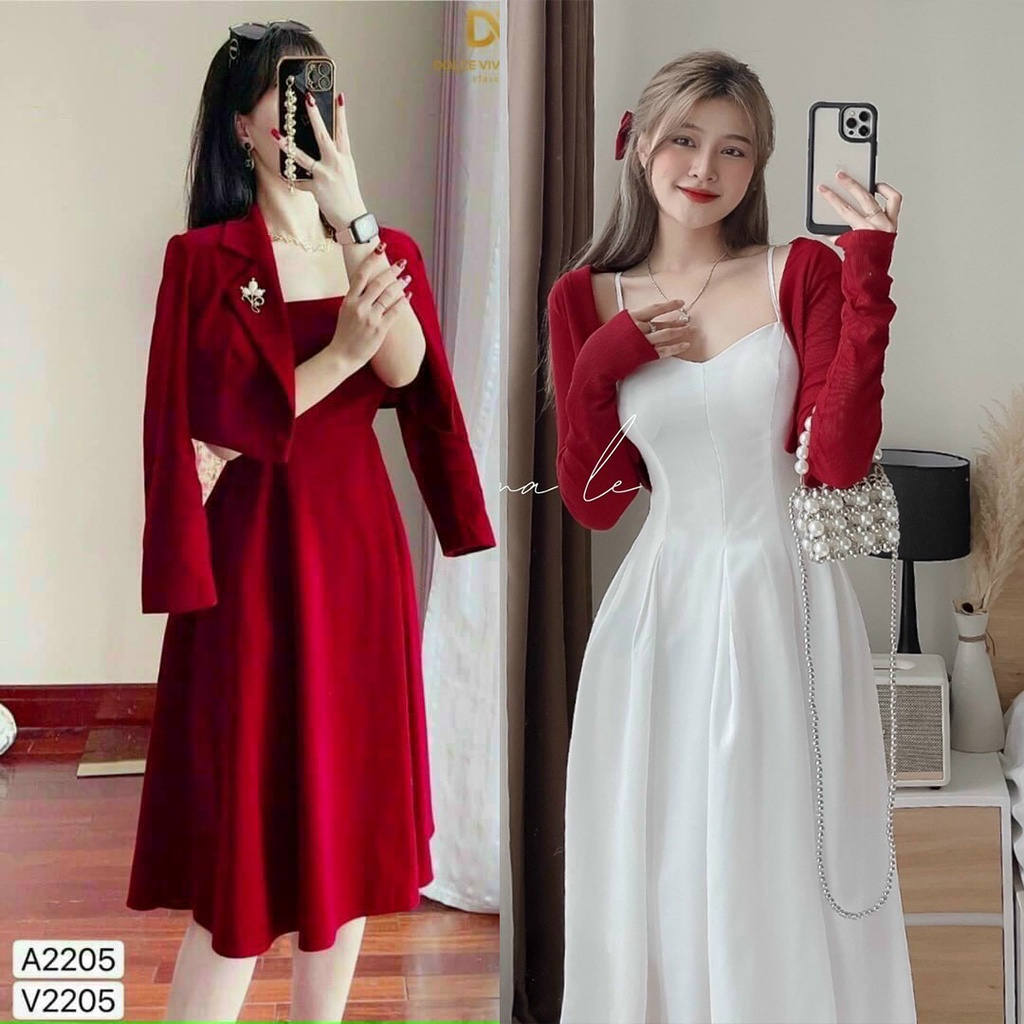 Set áo khoác kèm váy hai dây xòe điệu đà sang chảnh xinh xắn cho các Nàng đi dự tiệc đám cưới - Váy 2 dây dáng dài