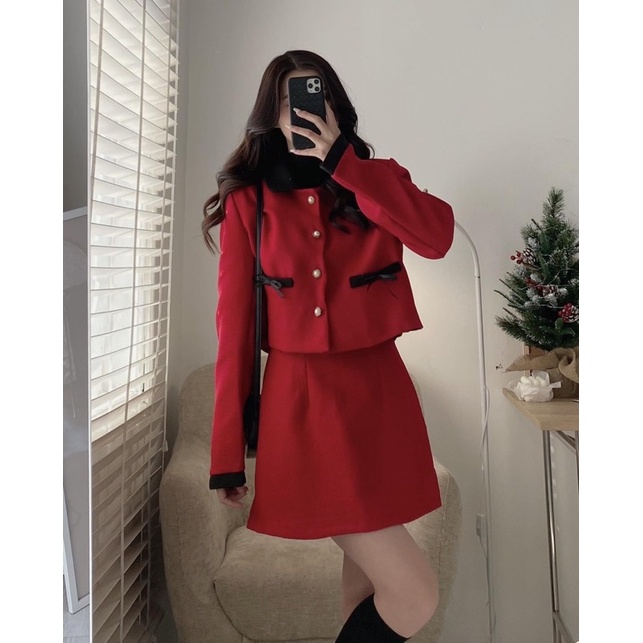 Set dạ có cổ đính nơ túi chất dạ tweed cao cấp