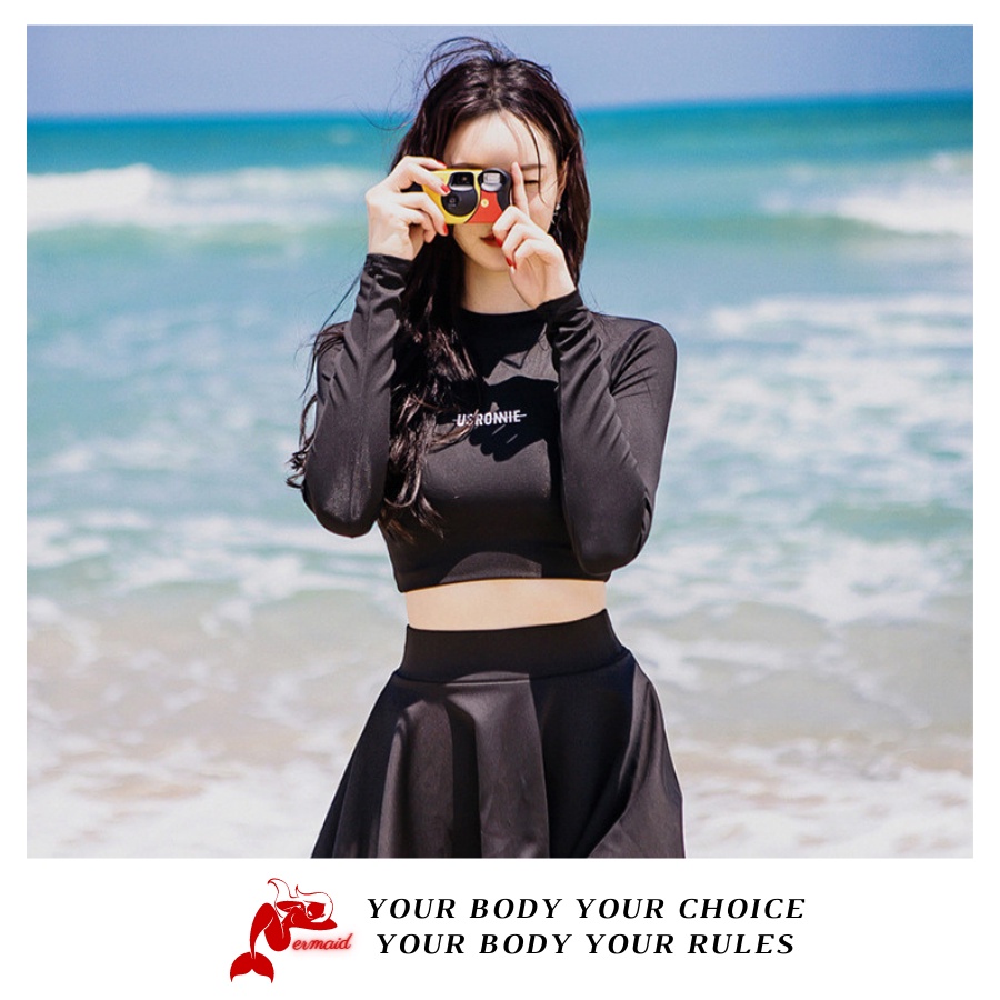 Bikini hai mảnh Usronnie năng động tay dài chân váy màu đen - M099 - Mermaid