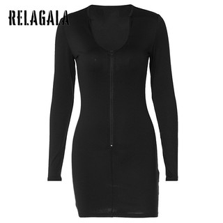 RelaGala Thời Trang Nữ Màu Trơn Gợi Cảm Dây Kéo Cổ Chữ V Dài Tay