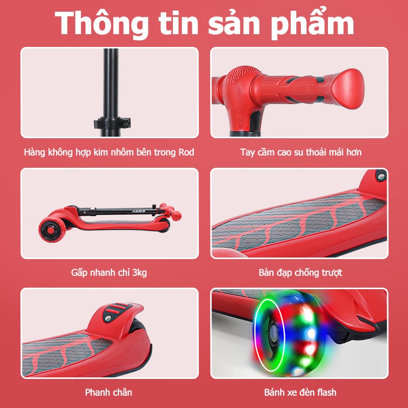 Xe Scooter 3 Bánh Có Đèn Flash Có Thể Điều Chỉnh Dành Cho Bé 3-10 Tuổi