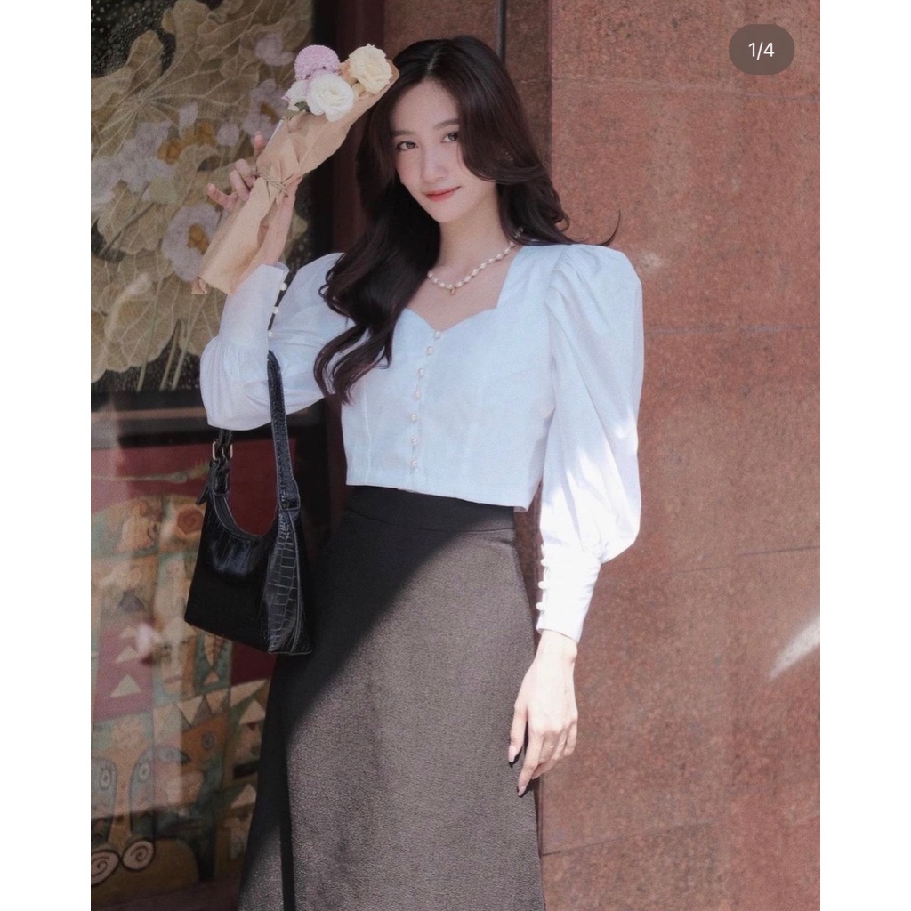 Áo sơ mi croptop tay bồng xếp ly cúc ngọc Somicupnguc088